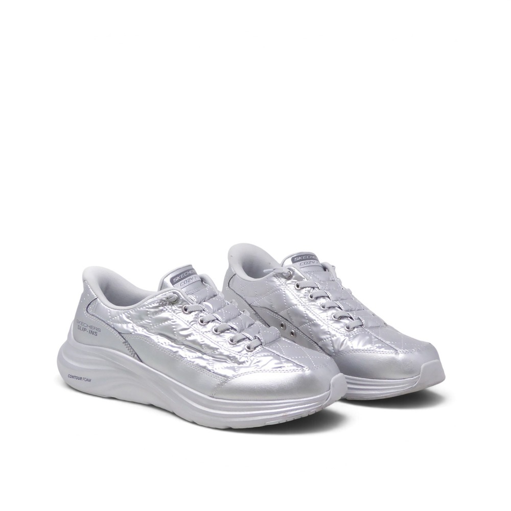 Skechers Mens Slip-Ins Cozy Fit Shoes Shining Silver Metallic Quilted Size 8.5